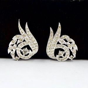 Vintage POLCINI Rhodium Plated Rhinestone Clip On Earrings